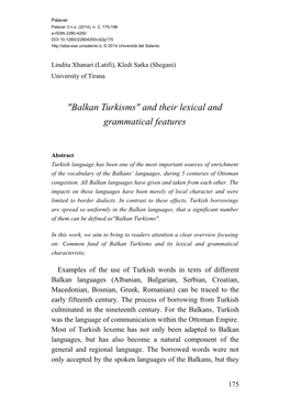 Balkan Turkisms" and Their Lexical and Grammatical Features