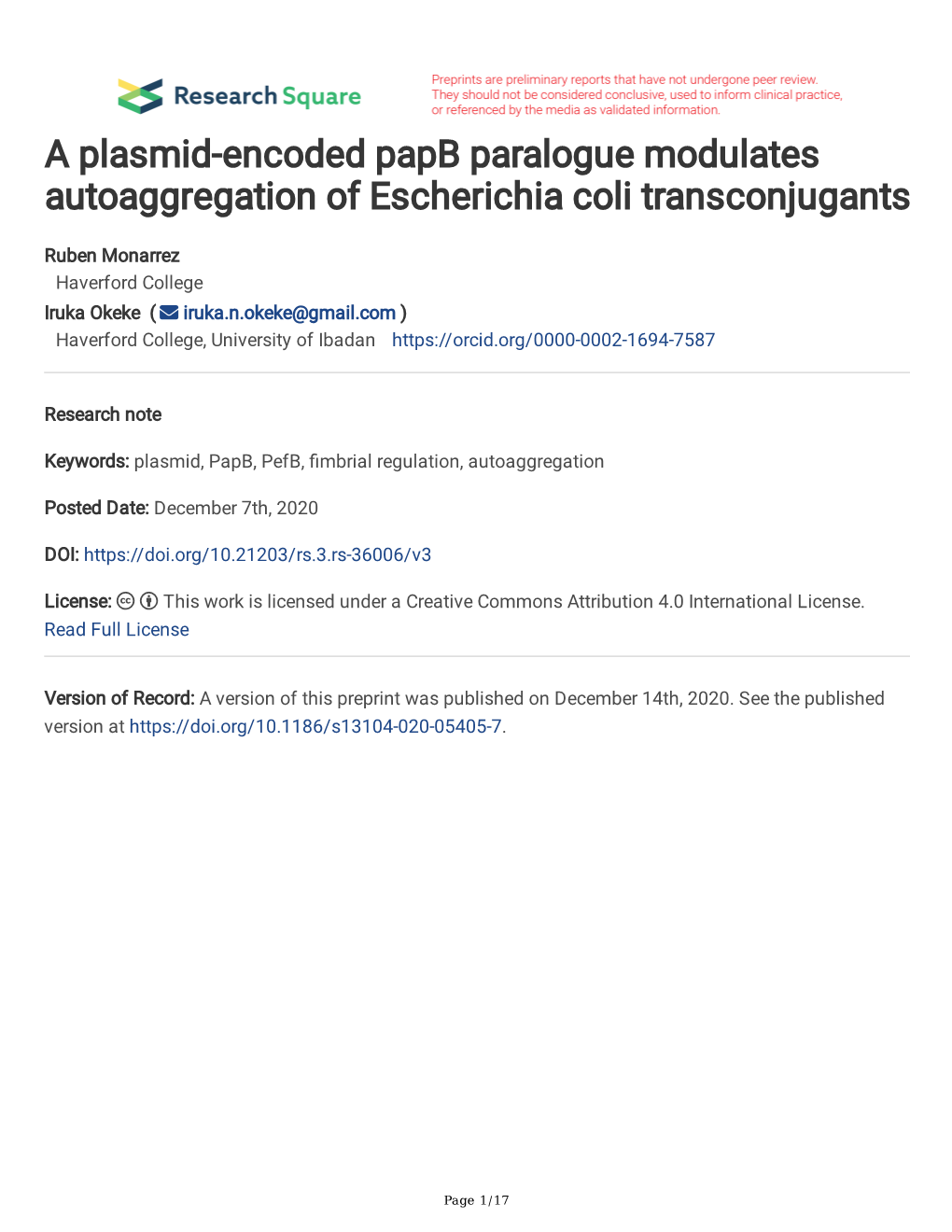 A Plasmid-Encoded Papb Paralogue Modulates Autoaggregation of Escherichia Coli Transconjugants