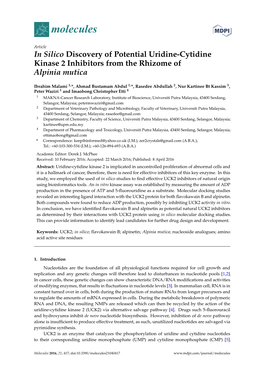 In Silico Discovery of Potential Uridine-Cytidine Kinase 2 Inhibitors from the Rhizome of Alpinia Mutica