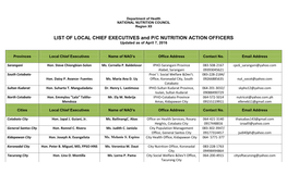 LIST of LOCAL CHIEF EXECUTIVES and P/C NUTRITION ACTION OFFICERS Updated As of April 7, 2016