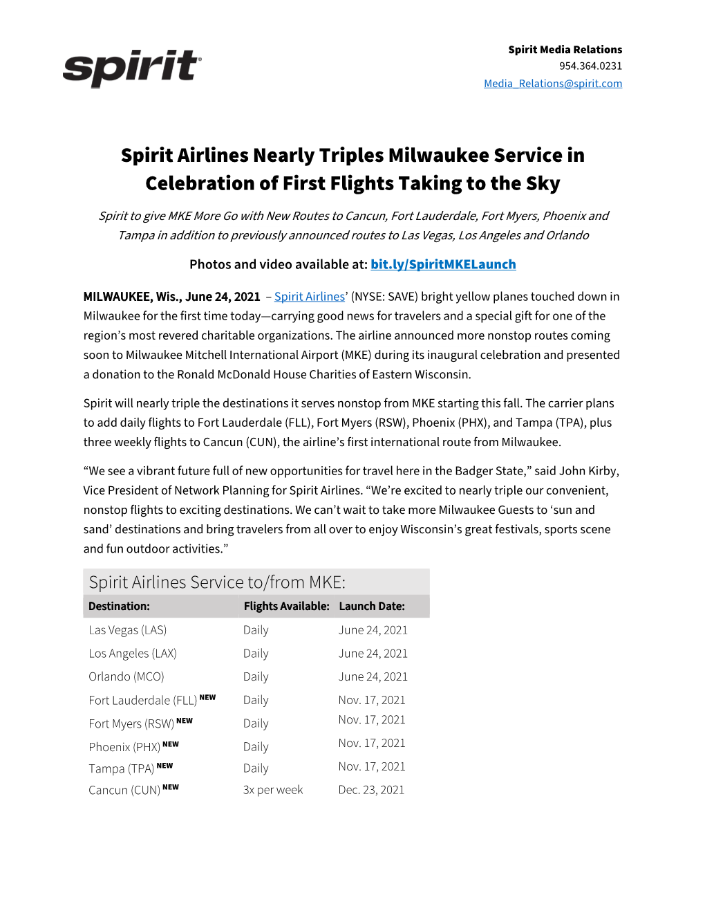 Spirit Airlines: Nearly Triples Milwaukee Service in Celebration Of