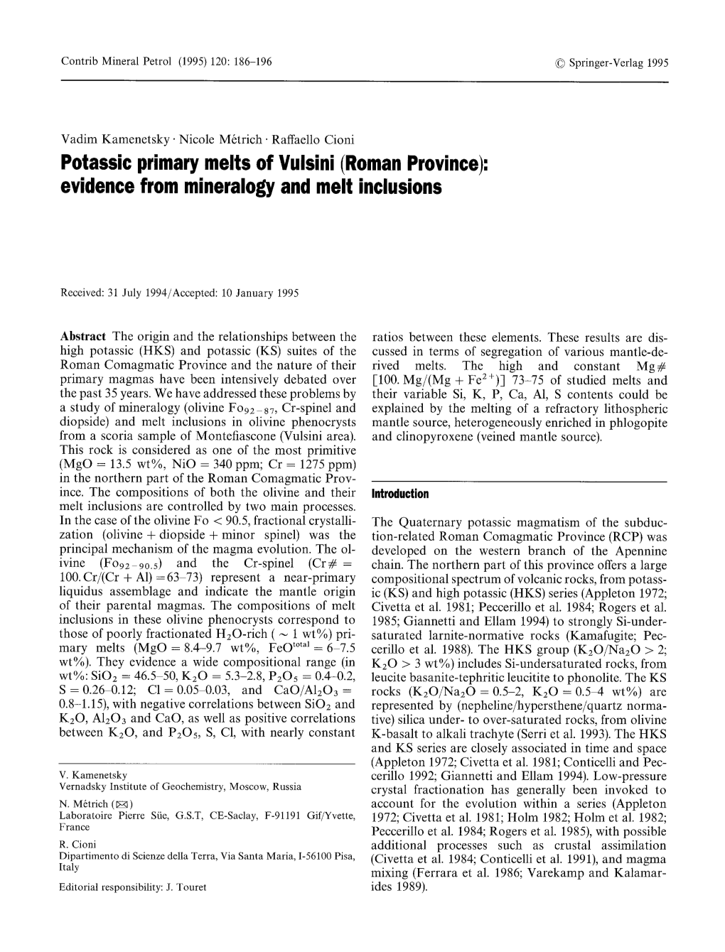 Potassic Primary Melts of Vulsini (Roman Province): Evidence from Mineralogy and Melt Inclusions