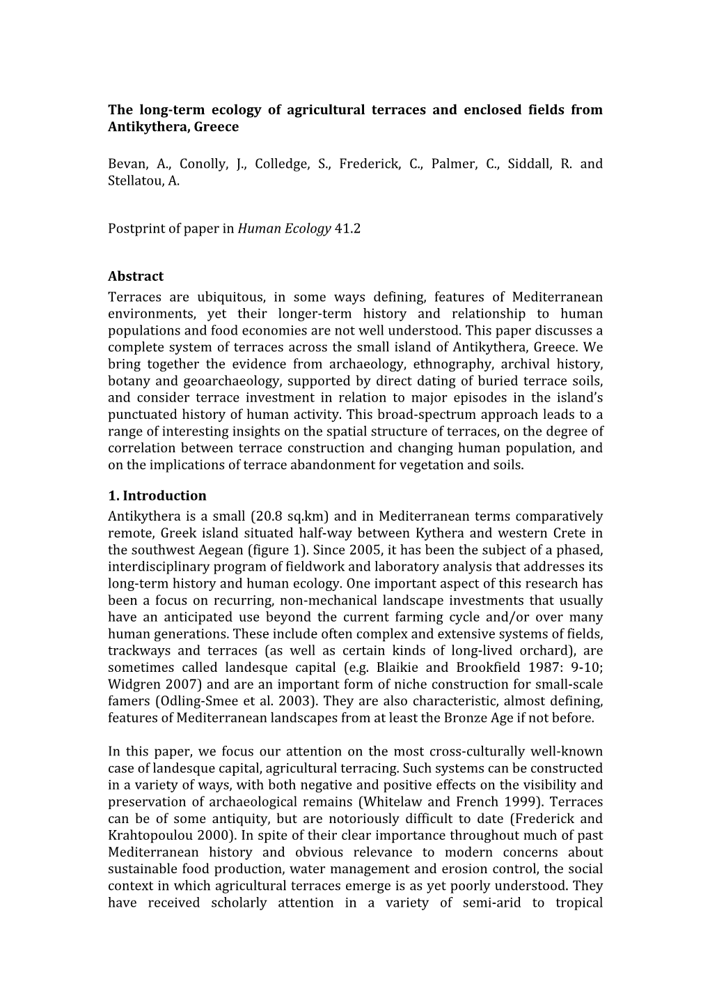 The Long-Term Ecology of Agricultural Terraces and Enclosed Fields from Antikythera, Greece