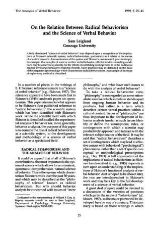 On the Relation Between Radical Behaviorism and the Science of Verbal Behavior Sam Leigland Gonzaga University