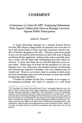 Cybersmear Or Cyber-SLAPP: Analyzing Defamation Suits Against Online John Does As Strategic Lawsuits Against Public Participation