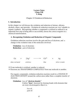 Lecture Notes Chem 51B S. King Chapter 12 Oxidation & Reduction I