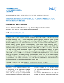 Effect of Abhadi Churna and Mul with Different Methods Di Churna and Mulaka Taila on Sandhigata Vata T Methods Sandhigata Vata