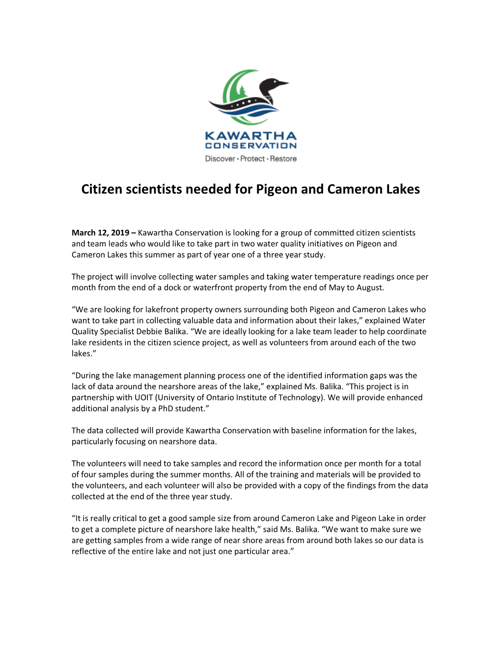 Citizen Scientists Needed for Pigeon and Cameron Lakes