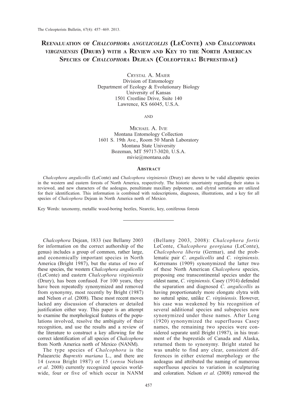 And Chalcophora Virginiensis (Drury) with a Review and Key to the North American Species of Chalcophora Dejean (Coleoptera:Buprestidae)