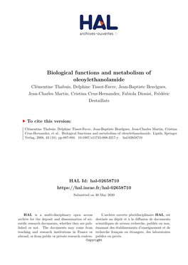 Biological Functions and Metabolism of Oleoylethanolamide
