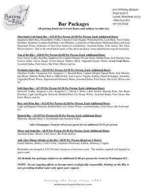 Bar Packages 301-725-4244 All Pricing Based on 4 Event Hours and Subject to Sales Tax
