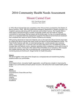 2016 Community Health Needs Assessment Mount Carmel East 6001 East Broad Street Columbus, Ohio 43213