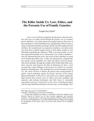 The Killer Inside Us: Law, Ethics, and the Forensic Use of Family Genetics