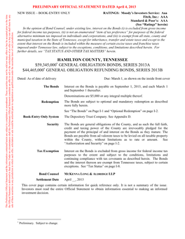 Hamilton County, Tennessee $59,345,000 General Obligation Bonds, Series 2013A $44,465,000 General Obligation Refunding Bonds, Se