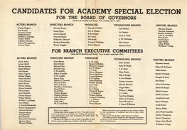 CANDIDATES for ACADEMY SPECIAL ELECTION for the BOARD of GOVERNORS (Three to Be Eleced by Each Branch