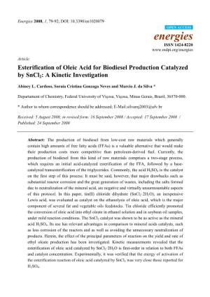 Esterification of Oleic Acid for Biodiesel Production Catalyzed by Sncl 2: a Kinetic Investigation