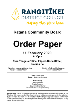 Order Paper 11 February 2020, 6:30Pm Ture Tangata Office, Ihipera-Koria Street, Rātana Pa