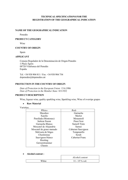 Technical Specifications for the Registration of the Geographical Indication