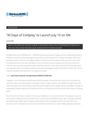 '30 Days of Coldplay' to Launch July 15 on XM