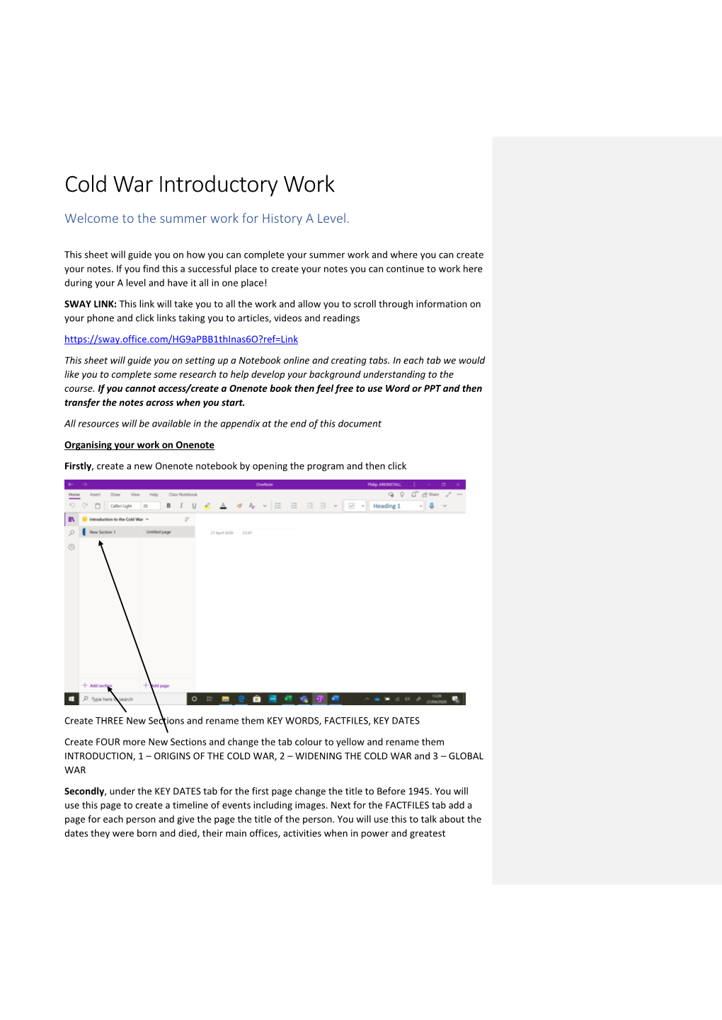 Cold War Introductory Work Welcome to the Summer Work for History a Level