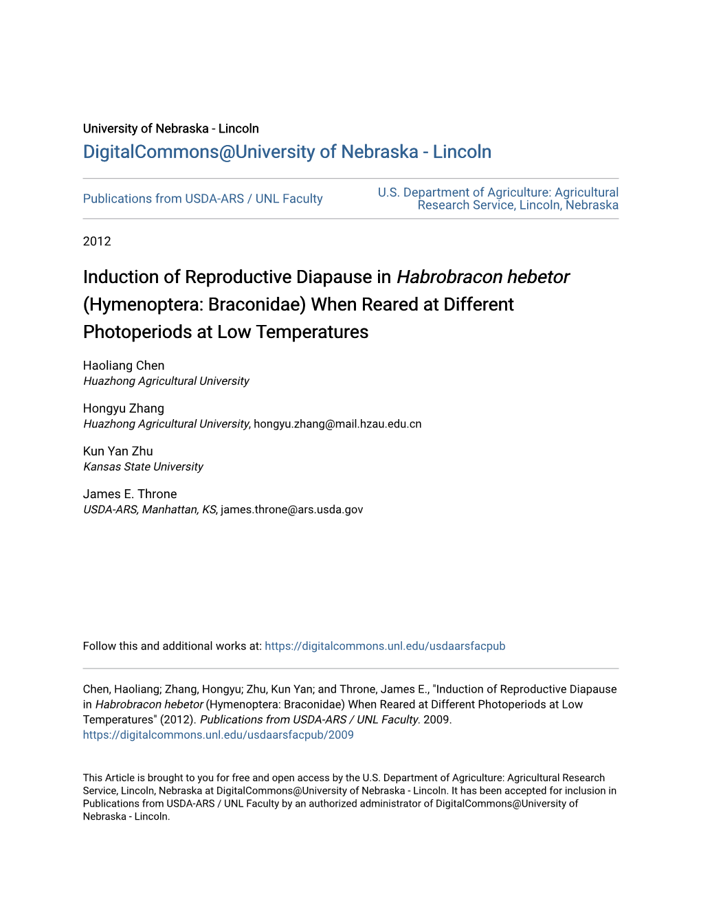 Induction of Reproductive Diapause in <I>Habrobracon Hebetor</I