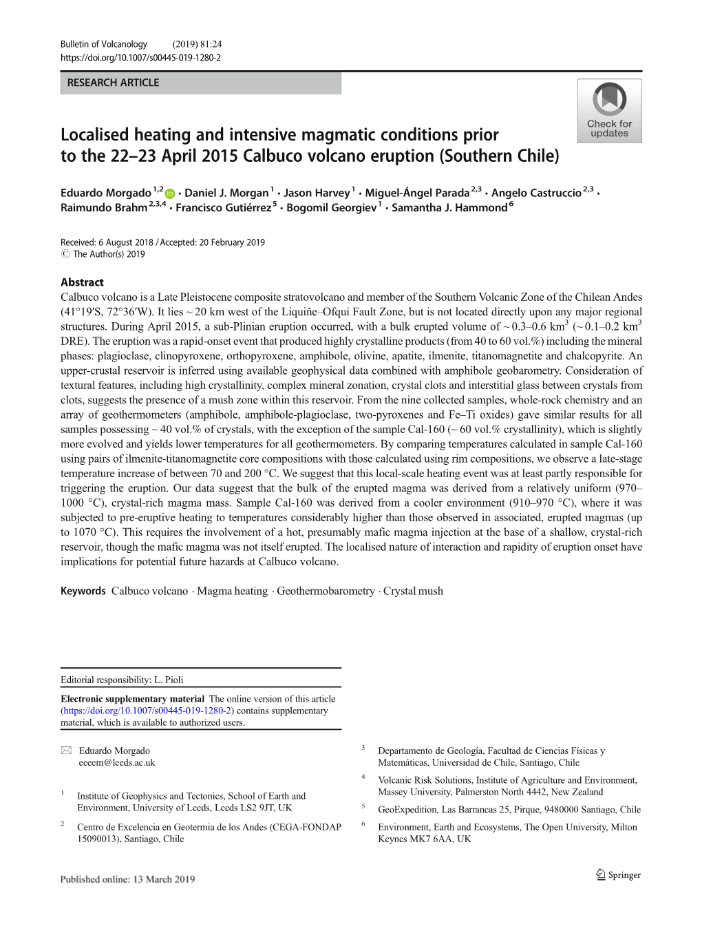 Localised Heating and Intensive Magmatic Conditions Prior to the 22–23 April 2015 Calbuco Volcano Eruption (Southern Chile)