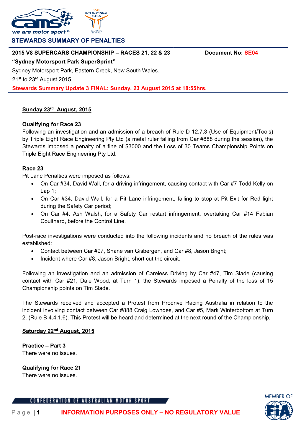 STEWARDS SUMMARY of PENALTIES Page | 1