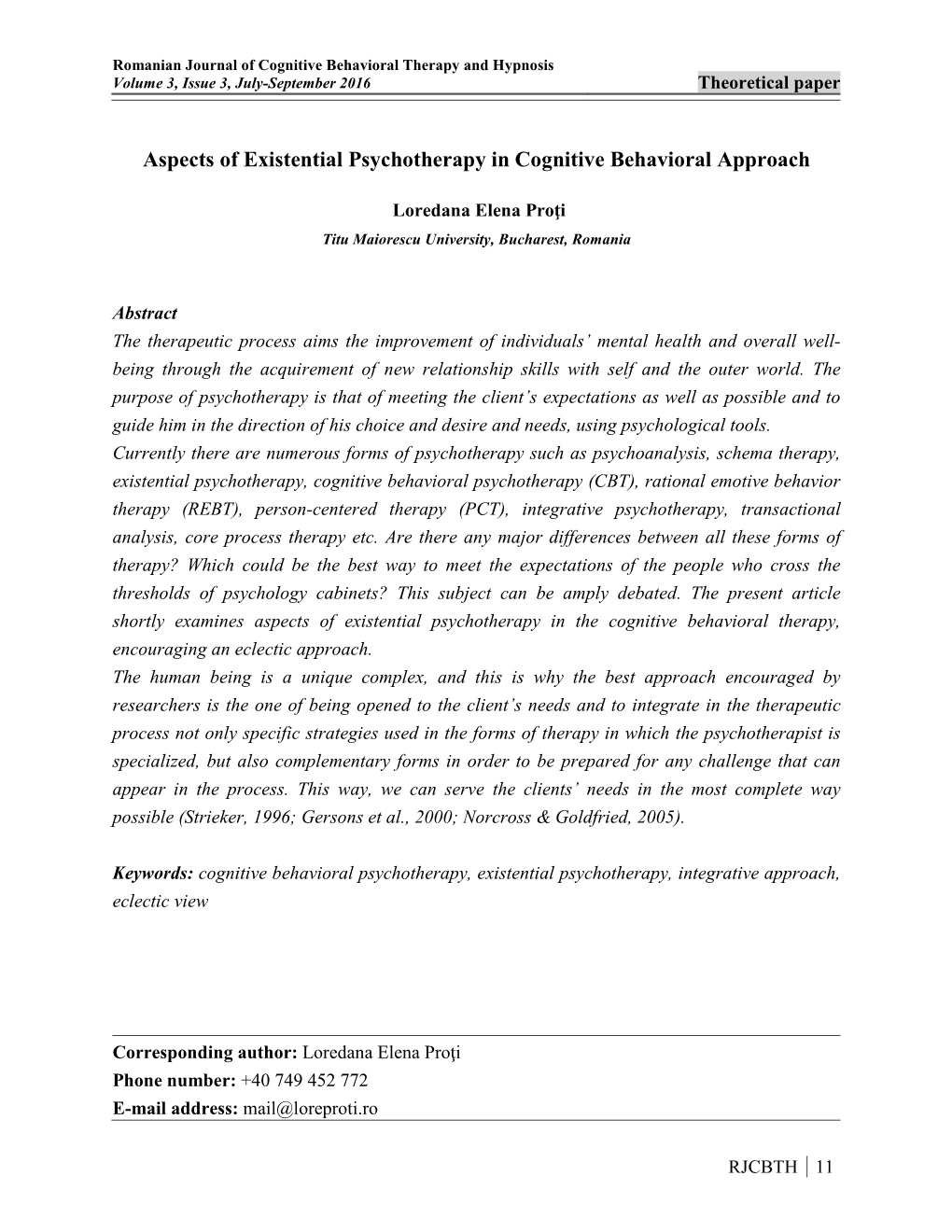 Aspects of Existential Psychotherapy in Cognitive Behavioral Approach