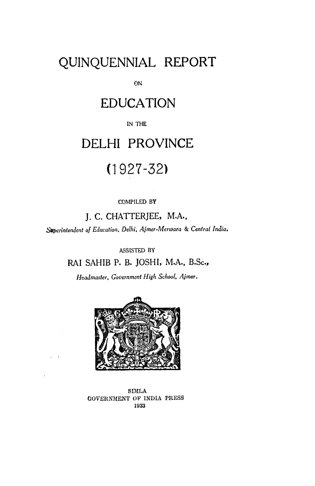 Quinquennial Report Education Delhi Province