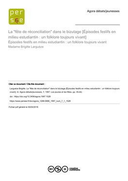 La "Fête De Réconciliation" Dans Le Bizutage [Épisodes Festifs En Milieu Estudiantin : Un Folklore Toujours Vivant]