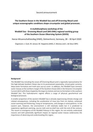 Second Announcement the Southern Ocean in the Weddell Sea and Off