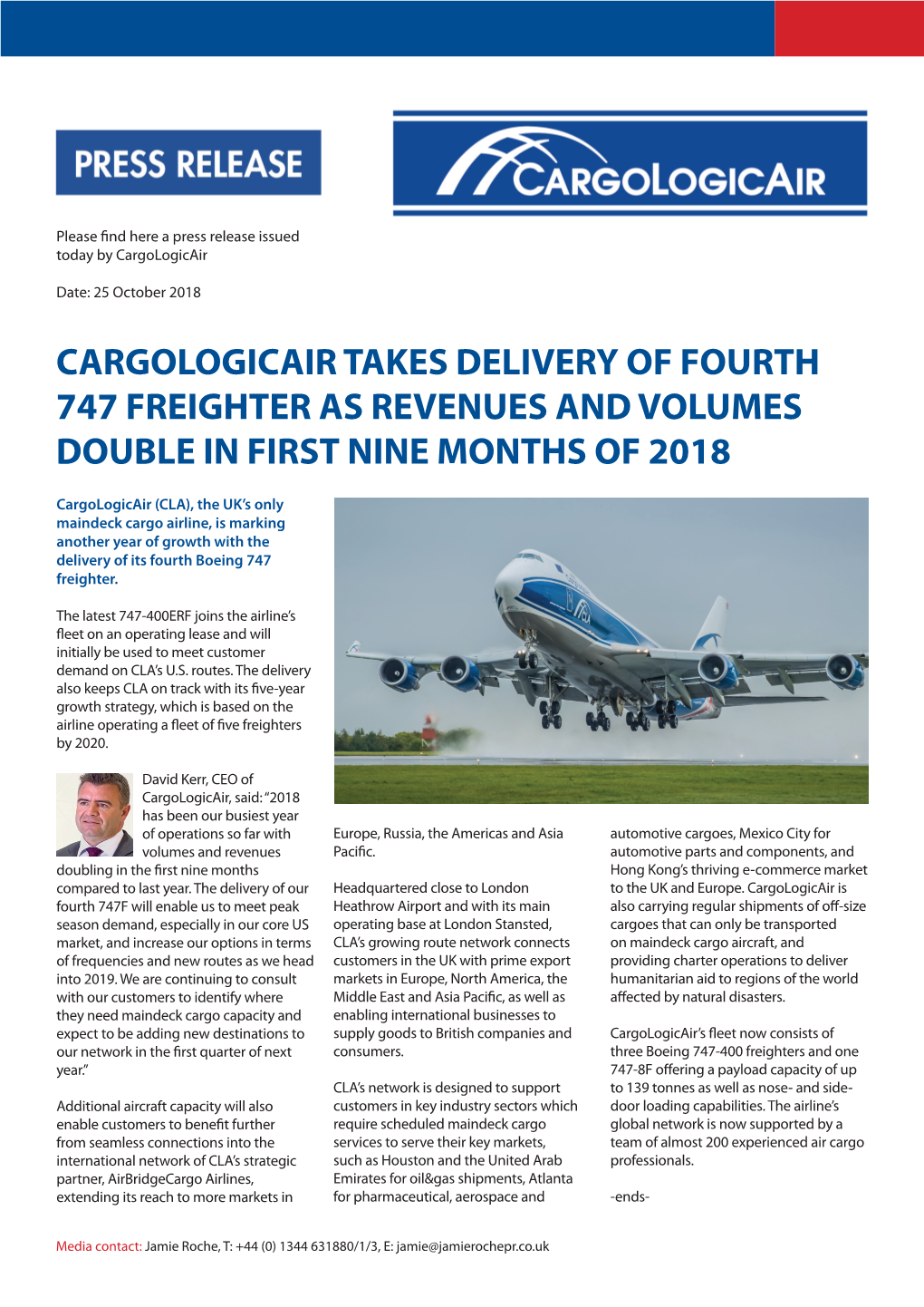 Cargologicair Takes Delivery of Fourth 747 Freighter As Revenues and Volumes Double in First Nine Months of 2018