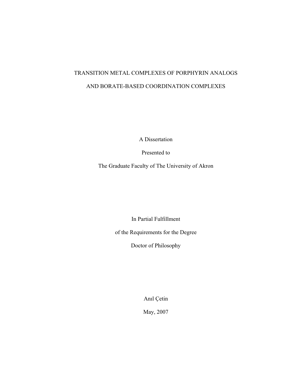 Transition Metal Complexes of Porphyrin Analogs And