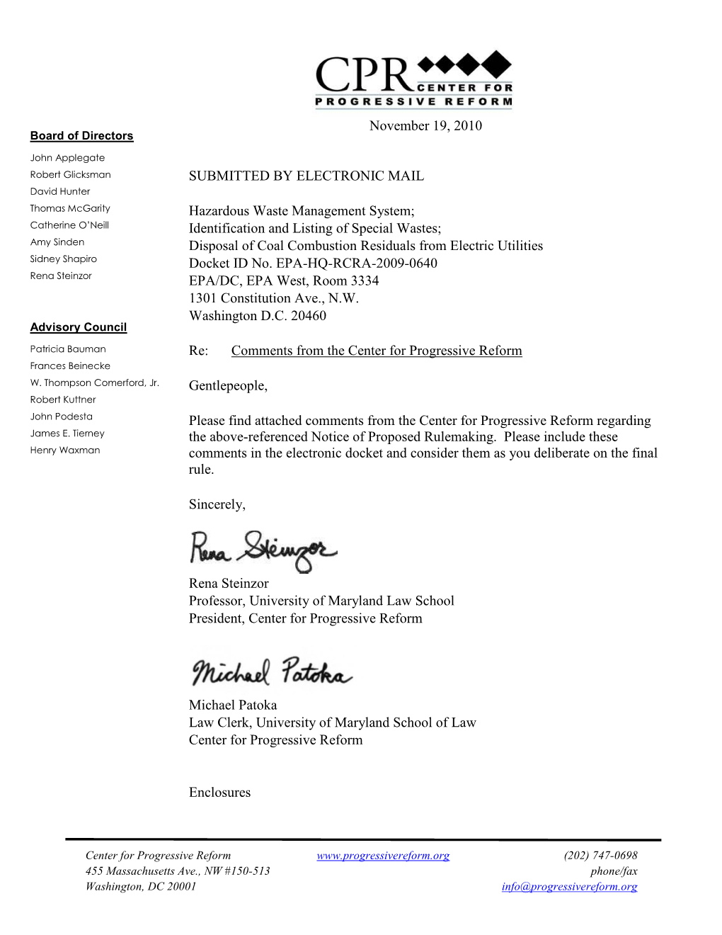 Identification and Listing of Special Wastes; Amy Sinden Disposal of Coal Combustion Residuals from Electric Utilities Sidney Shapiro Docket ID No