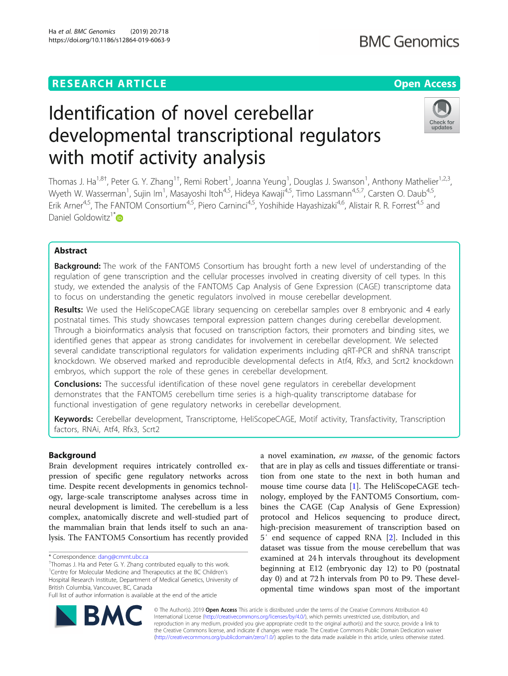 Identification of Novel Cerebellar Developmental Transcriptional Regulators with Motif Activity Analysis Thomas J