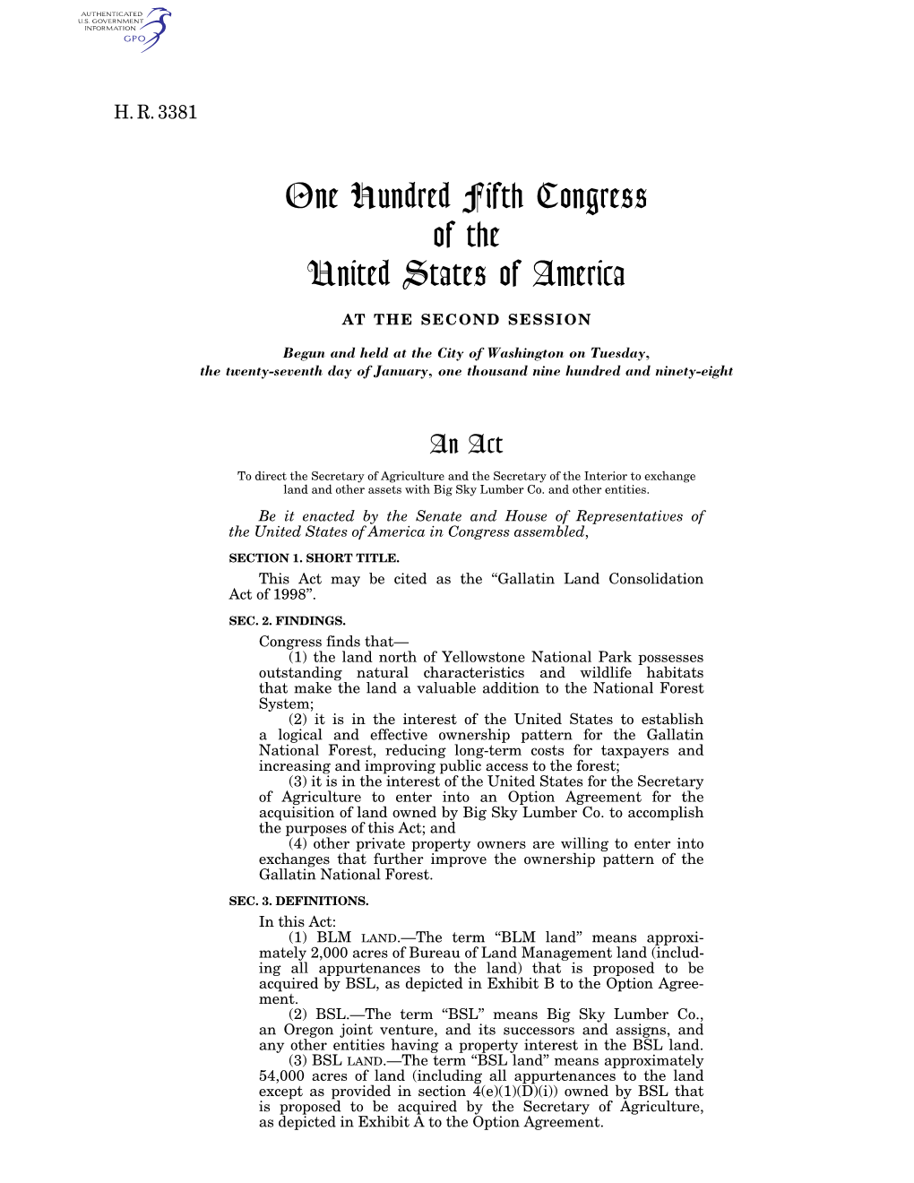 One Hundred Fifth Congress of the United States of America