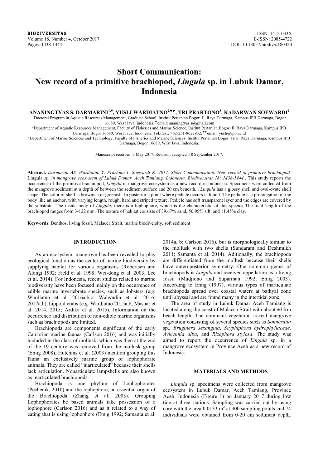 New Record of a Primitive Brachiopod, Lingula Sp. in Lubuk Damar, Indonesia