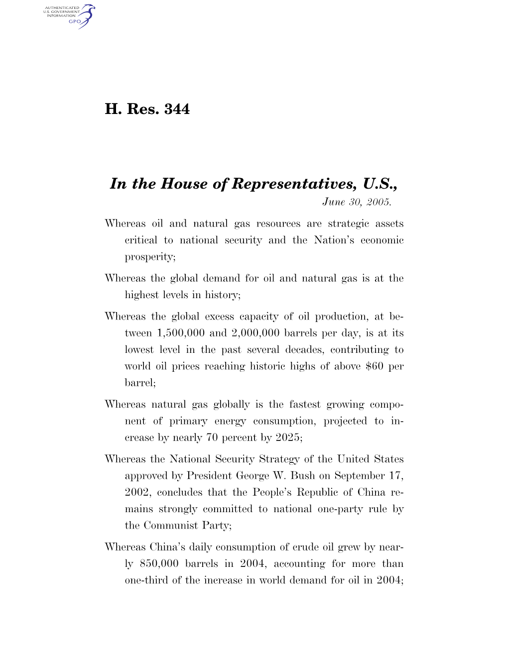 H. Res. 344 in the House of Representatives, U.S