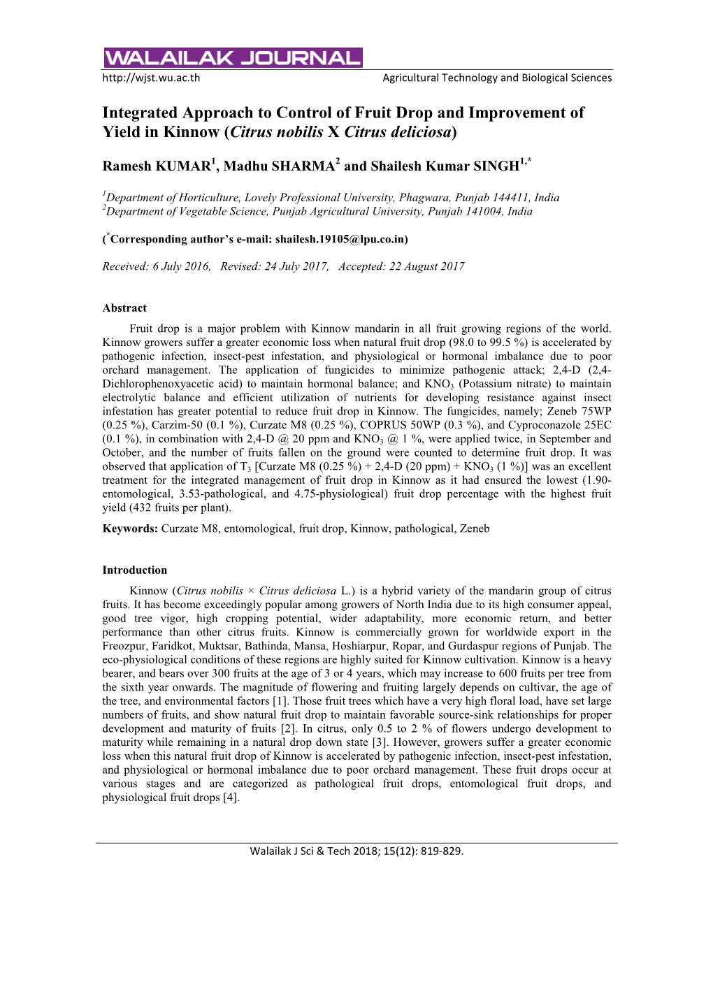 Integrated Approach to Control of Fruit Drop and Improvement of Yield in Kinnow (Citrus Nobilis X Citrus Deliciosa)