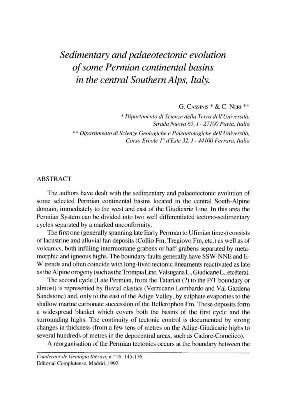 Sedirnentary and Palaeotecronic Evolution Ofsorne Permian