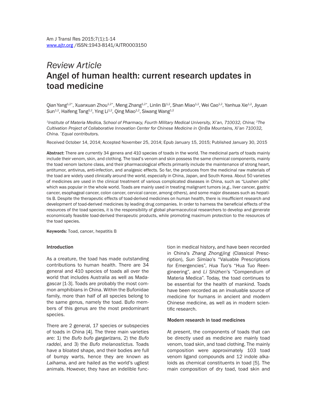 Review Article Angel of Human Health: Current Research Updates in Toad Medicine