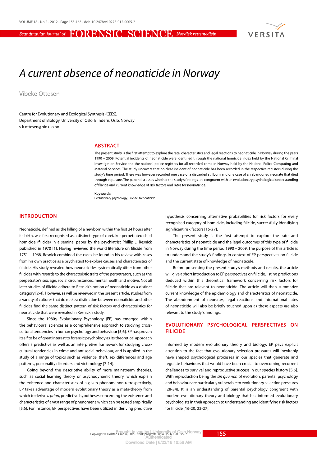 A Current Absence of Neonaticide in Norway