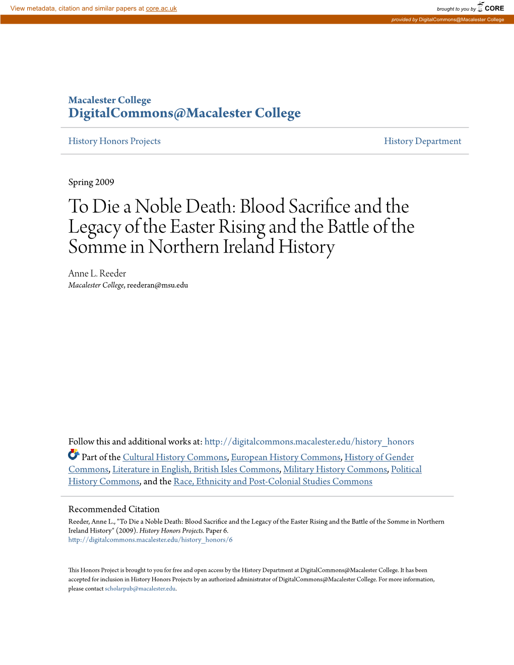 To Die a Noble Death: Blood Sacrifice and the Legacy of the Easter Rising and the Battle of the Ommes in Northern Ireland History