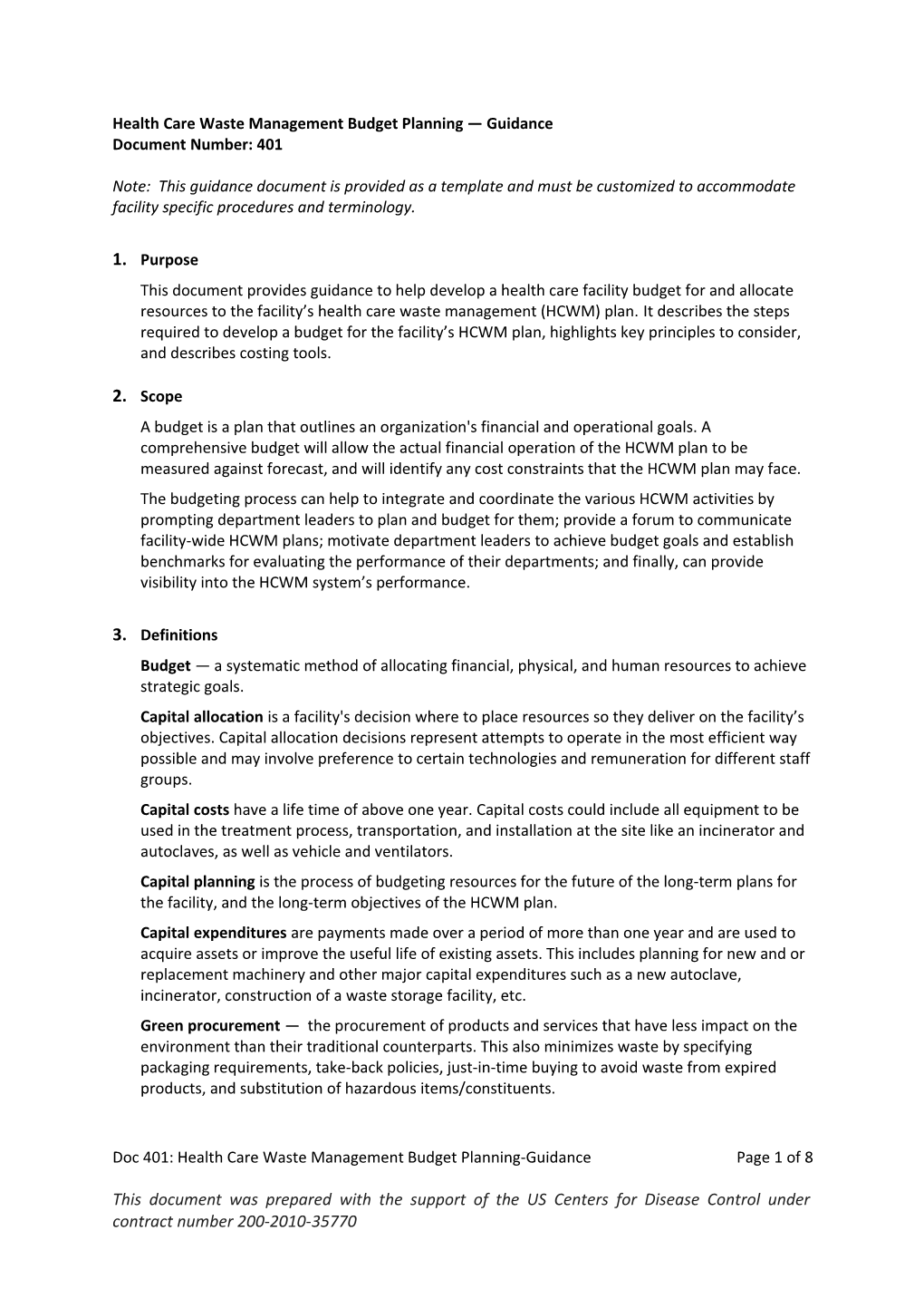 Health Care Waste Management Budget Planning Guidance