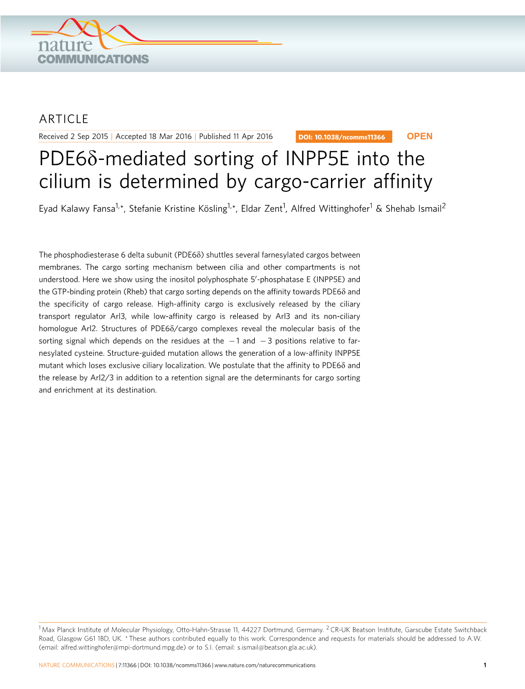 Mediated Sorting of INPP5E Into the Cilium Is Determined by Cargo-Carrier Affinity