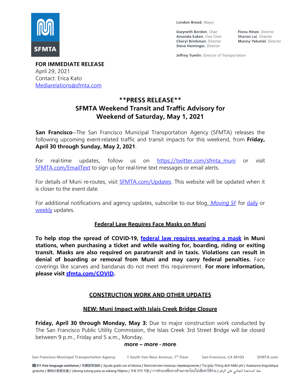 SFMTA Weekend Transit and Traffic Advisory for Saturday, May 1, 2021