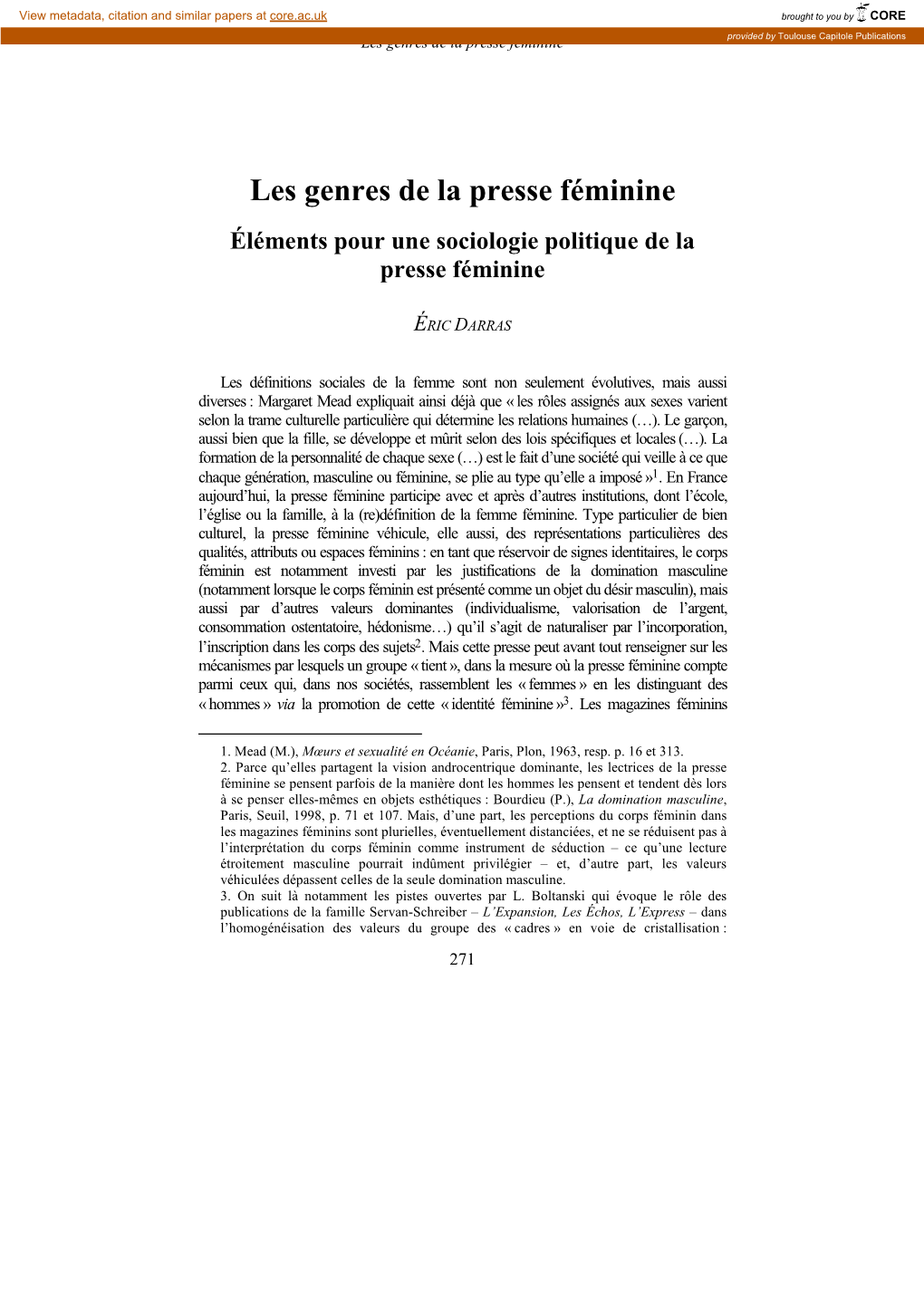 Les Genres De La Presse Féminine Provided by Toulouse Capitole Publications