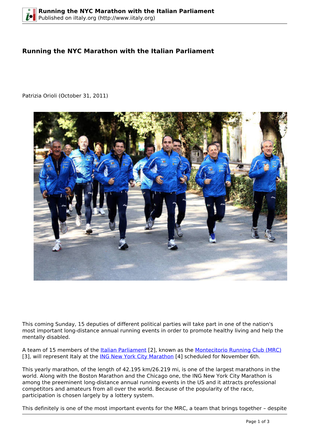 Running the NYC Marathon with the Italian Parliament Published on Iitaly.Org (