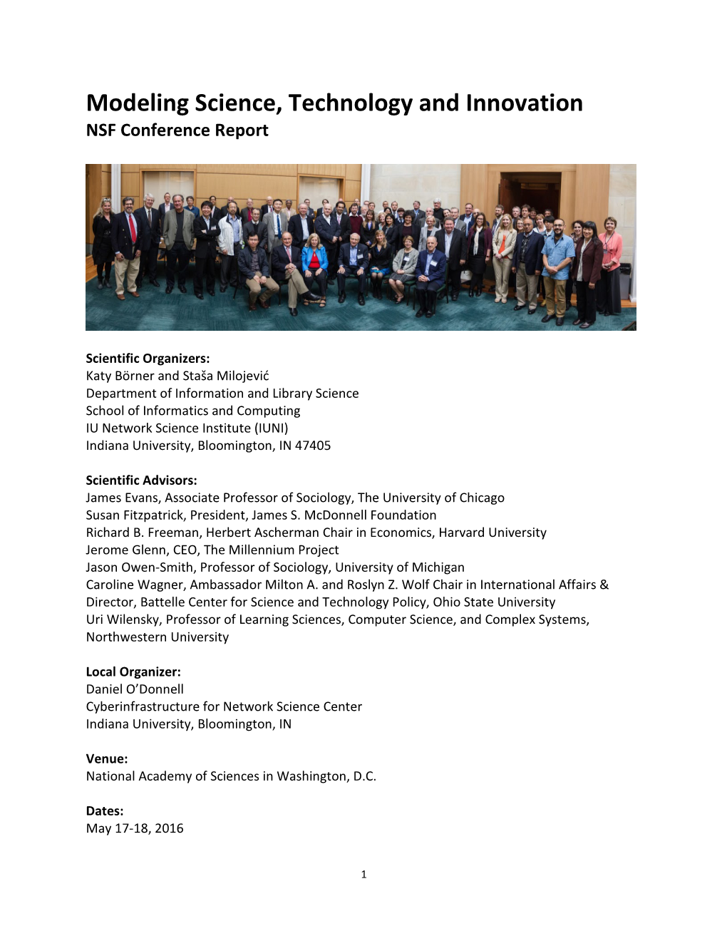 Modeling Science, Technology and Innovation NSF Conference Report