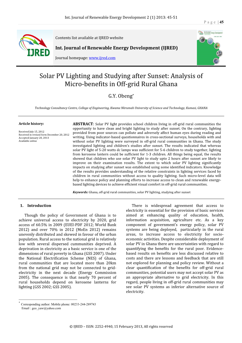 Solar PV Lighting and Studying After Sunset: Analysis of Micro-Benefits in Off-Grid Rural Ghana